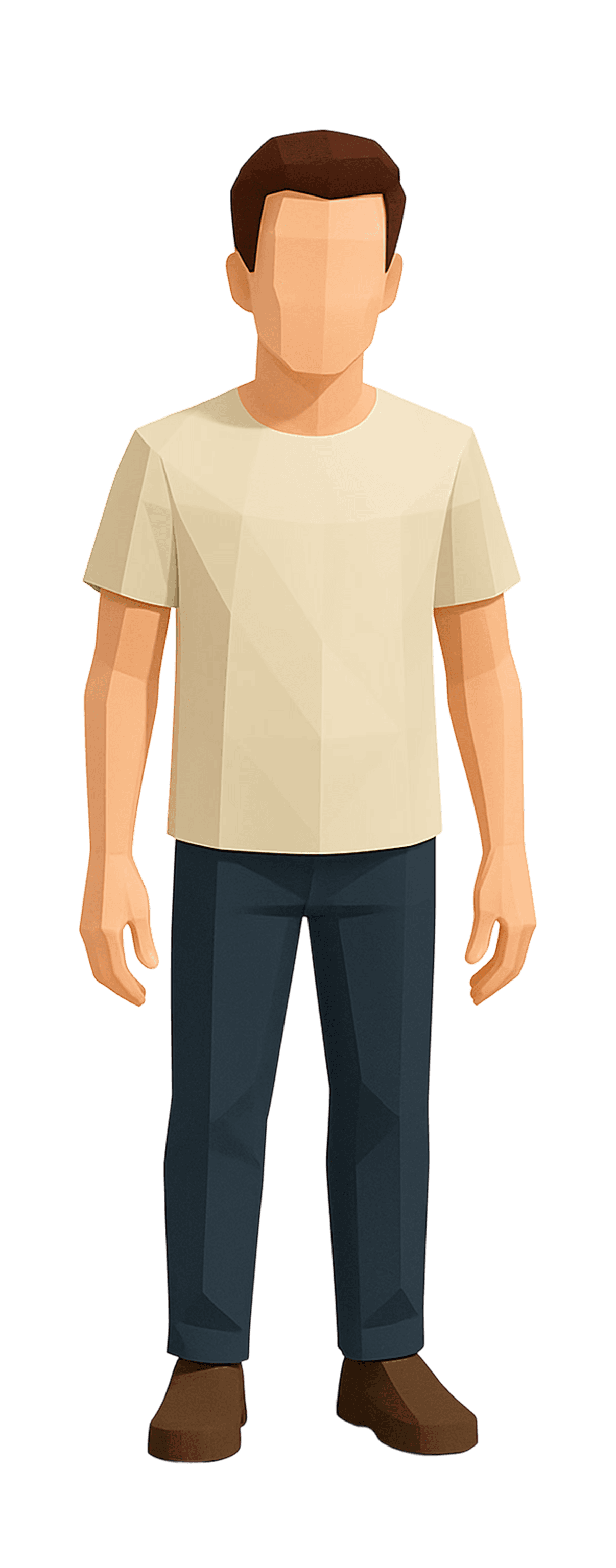 3D polygonal avatar of Joe Balich wearing a tan shirt, dark pants, and brown shoes.