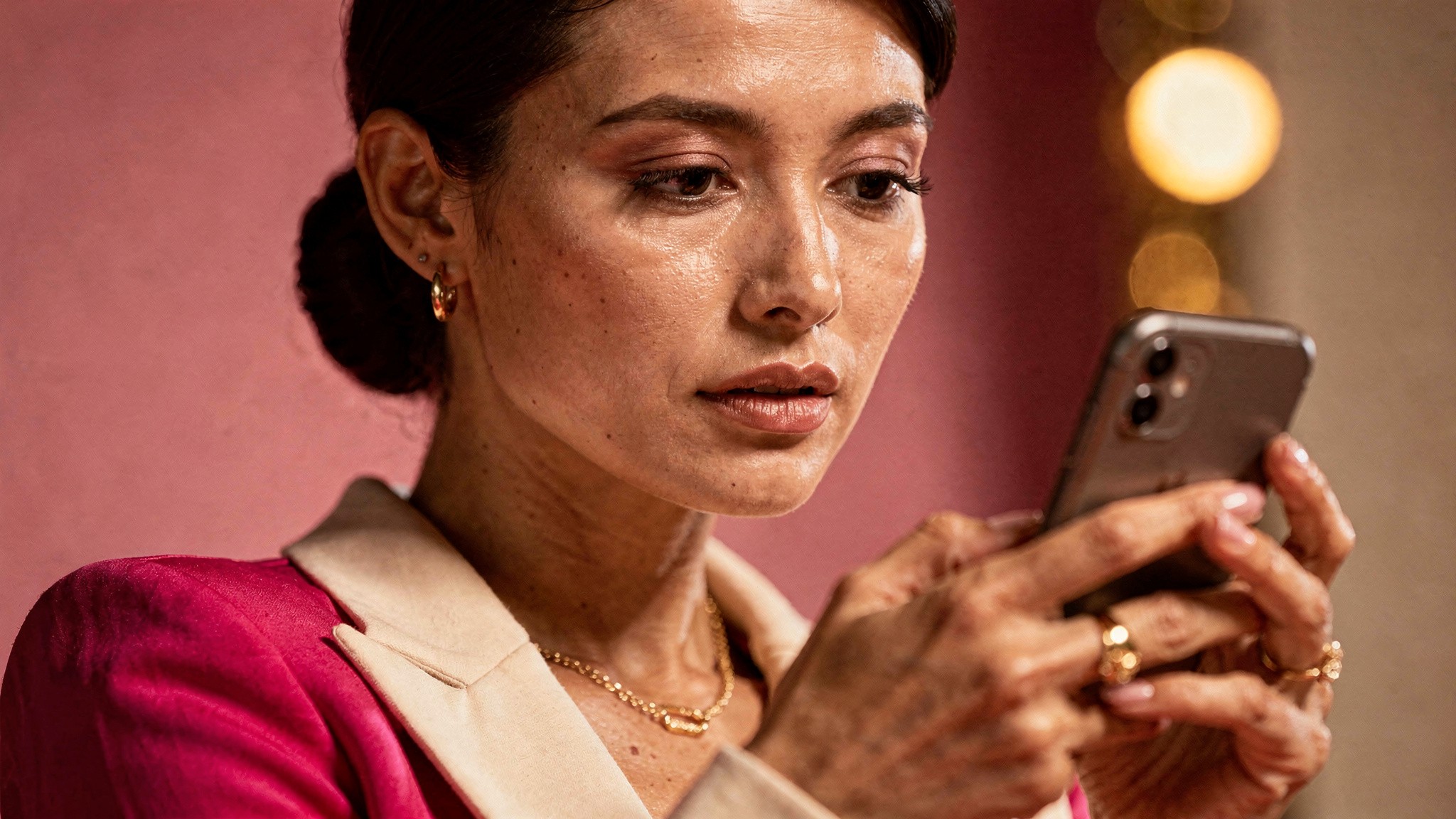 Adult creator looking thoughtfully at a phone, reviewing a carousel that underperformed