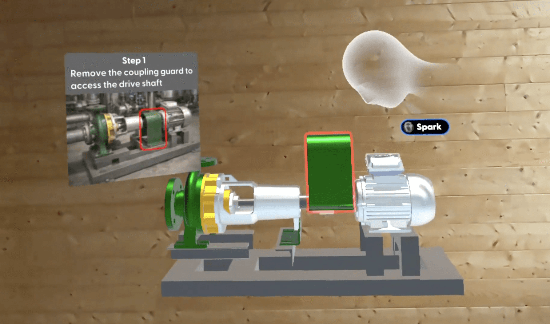 Spark, Campfire's spatial agent, guiding a user through a step-by-step procedure on a 3D model of industrial pump equipment.