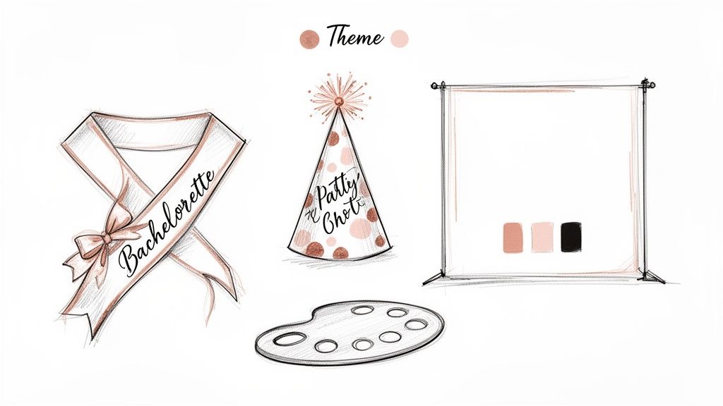 Sketches for a bachelorette party theme, featuring a sash, party hat, color palette, and backdrop.