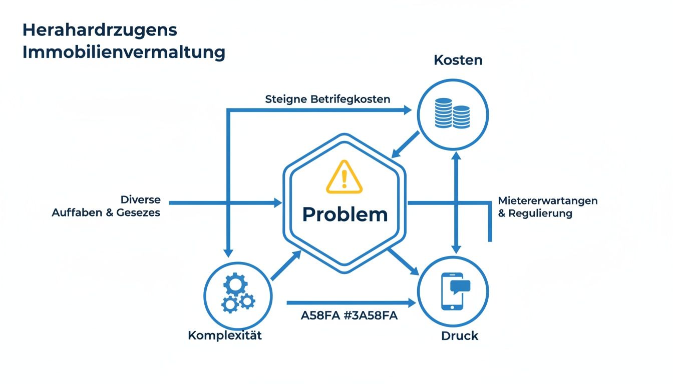 Flussdiagramm der Immobilienverwaltung zeigt das Problemfeld durch Kosten, Komplexität und regulatorischen Druck.