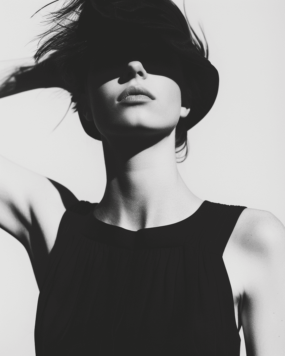 Black and white photo of a woman model.
