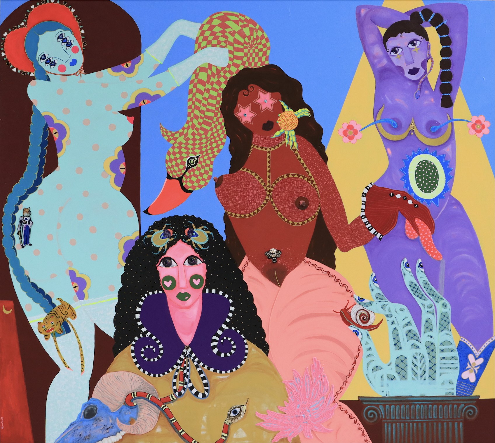 herd of sheep on road painting