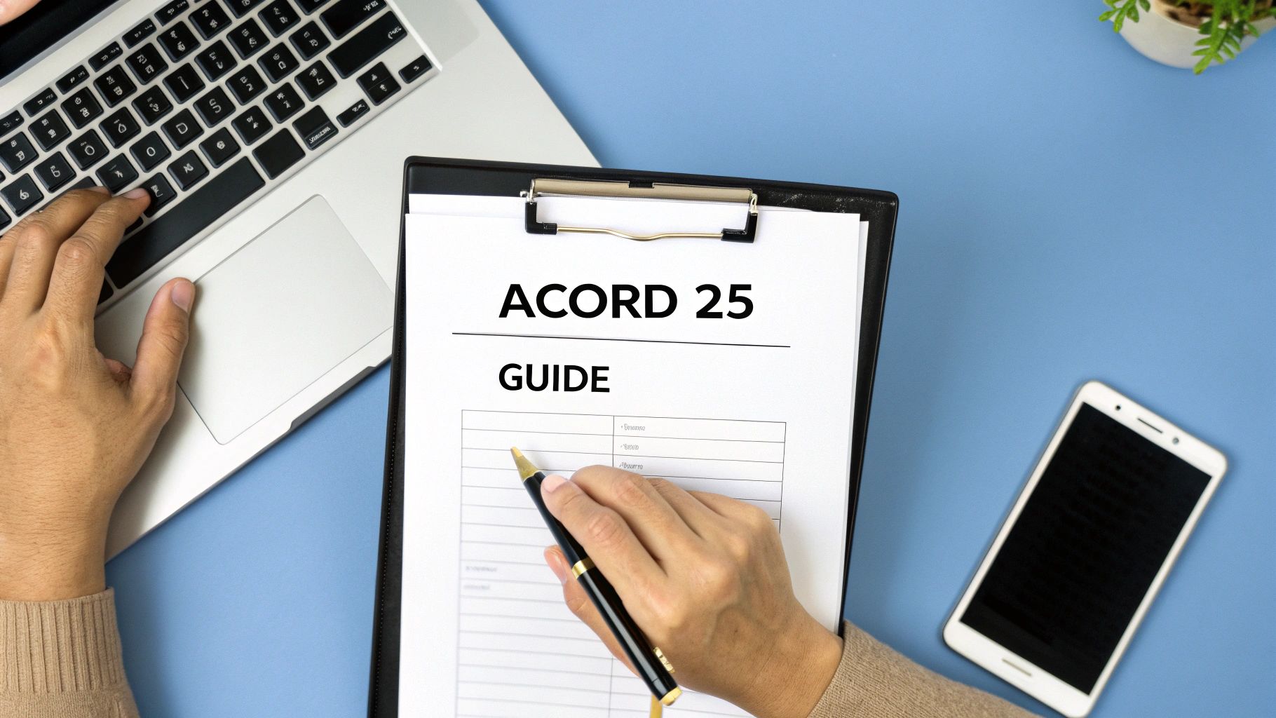Person completing an ACORD 25 Certificate of Insurance guide on a clipboard next to a laptop.
