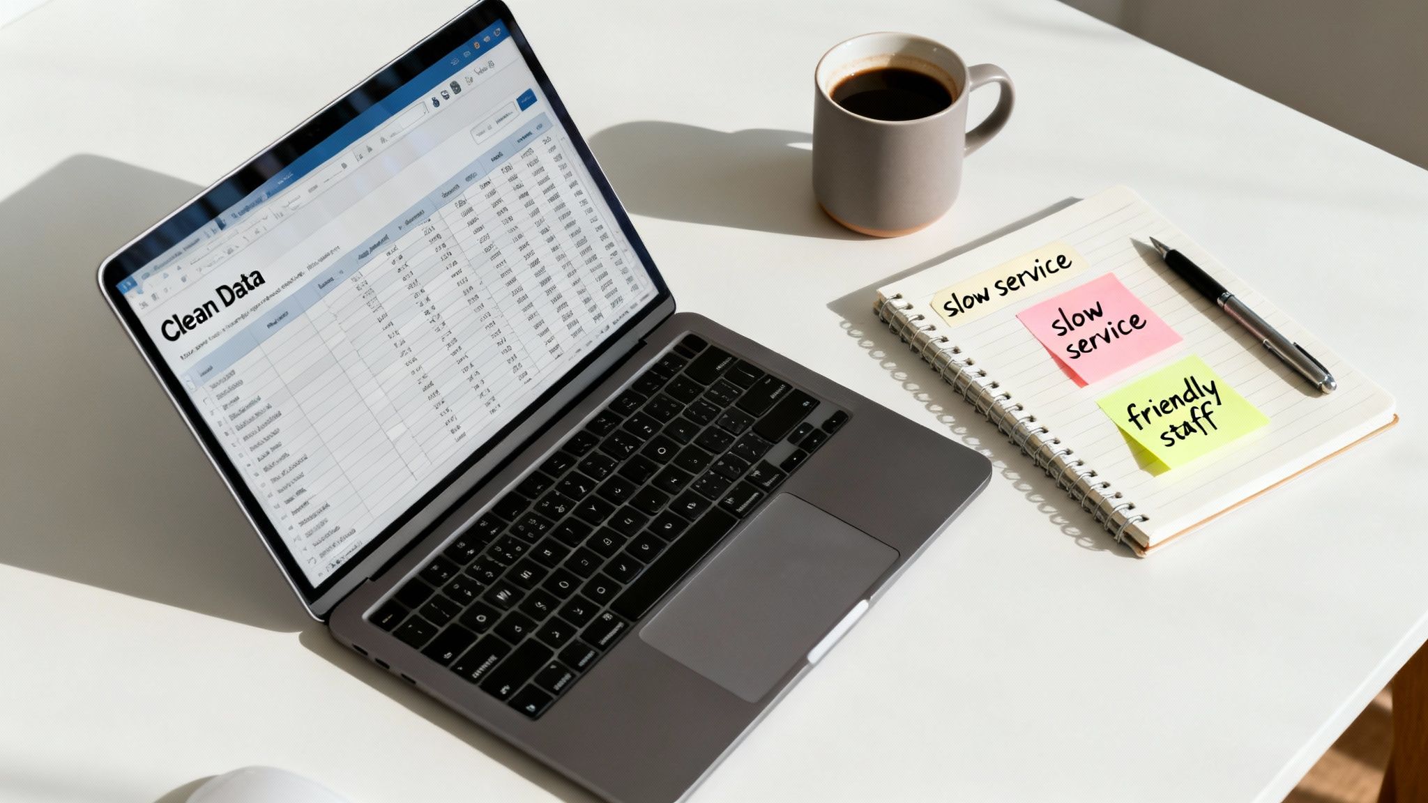 A laptop displays a 'Clean Data' spreadsheet, next to a coffee cup and notebook with 'slow service' and 'friendly staff' sticky notes.