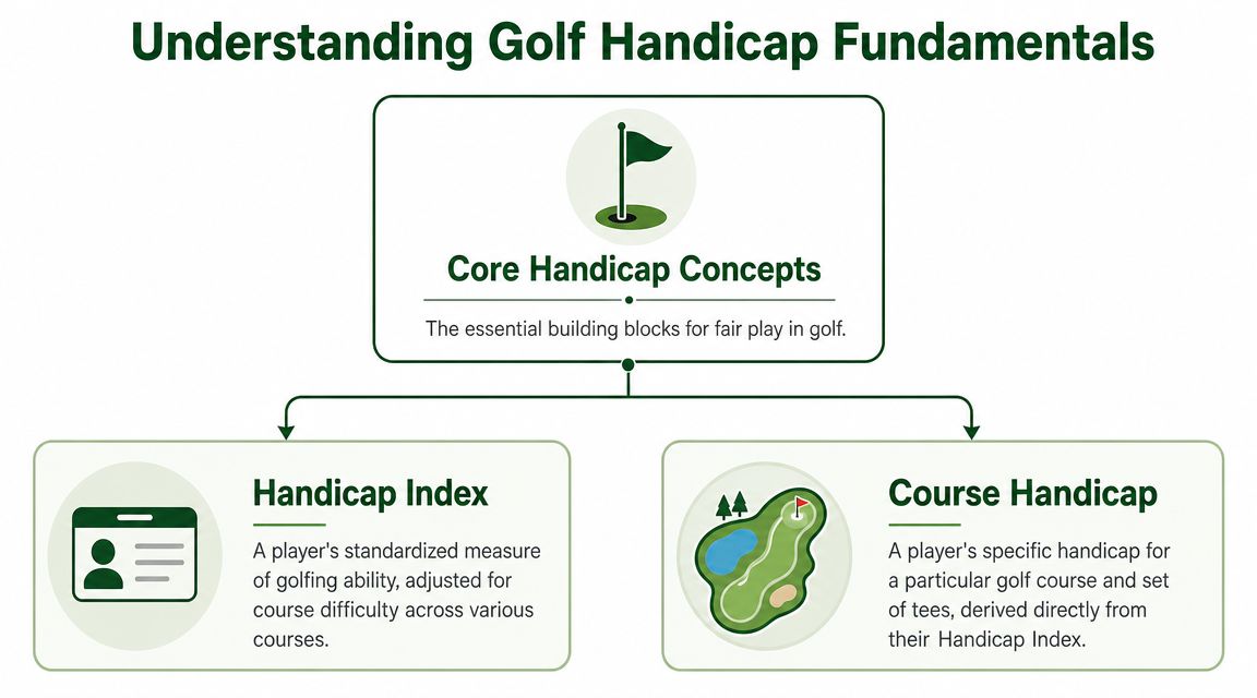 A diagram explaining core golf handicap concepts including the handicap index and course handicap definitions.