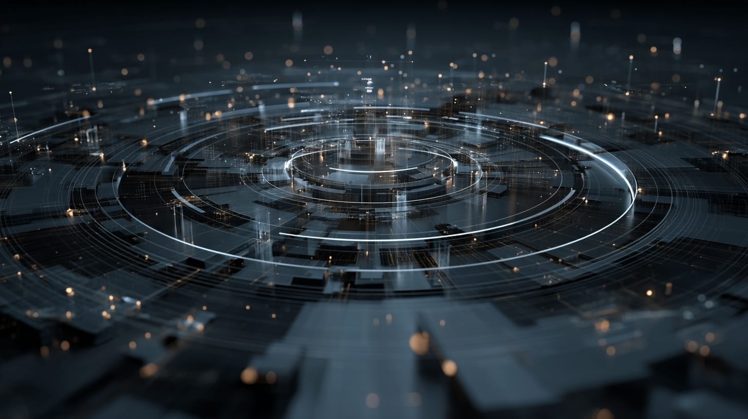 Abstract circular digital control system with layered rings and glowing data points, representing intelligent orchestration, centralized visibility, and coordinated enterprise logistics operations.