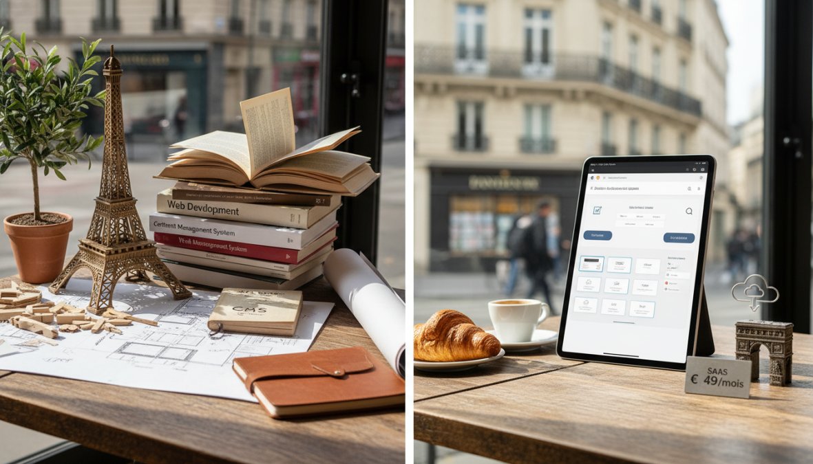 Un web designer travaillant sur un ordinateur portable affichant une interface de site web moderne, avec un carnet de notes et un café sur le bureau dans un bureau parisien lumineux