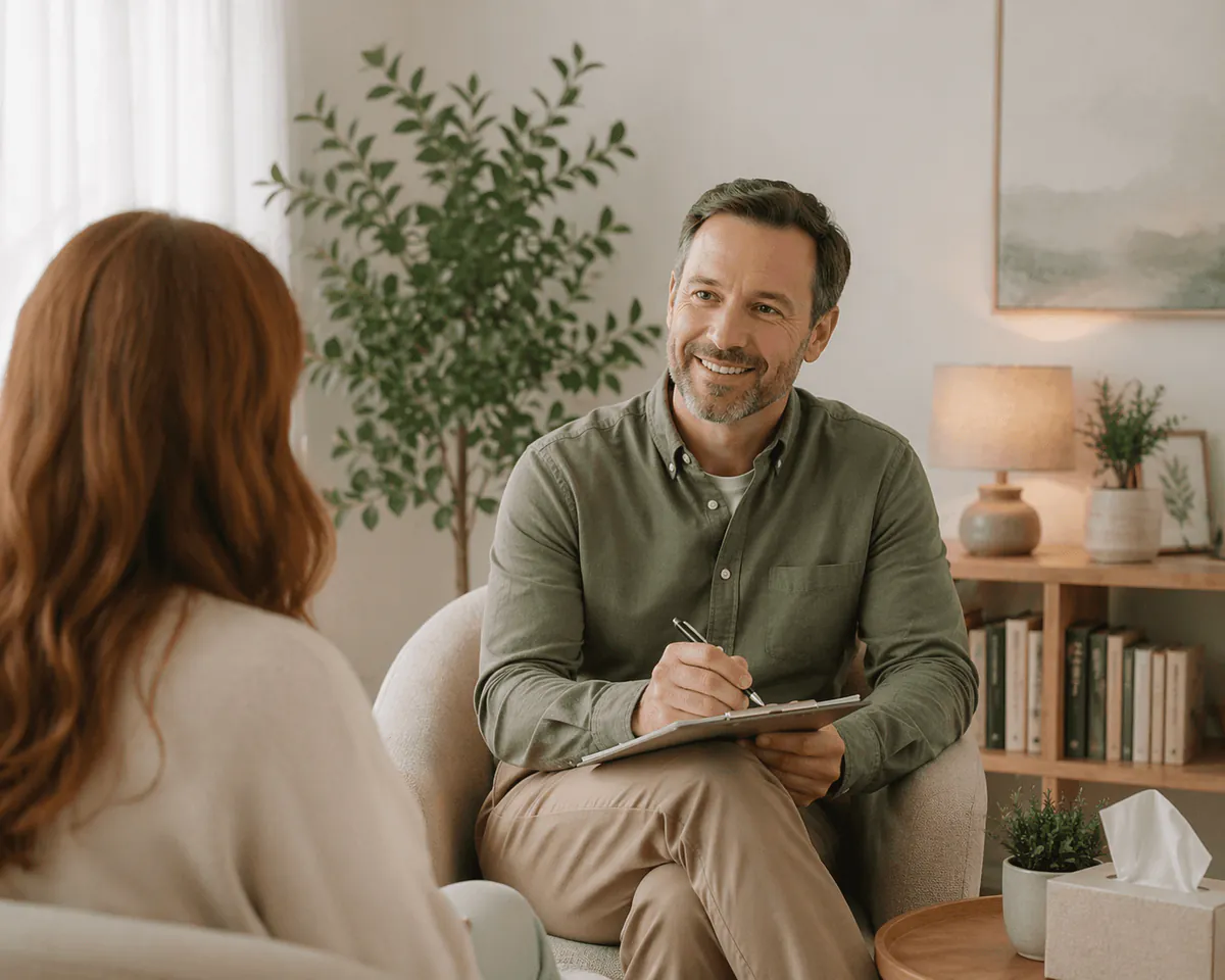 Counselor listening to a client during a therapy session