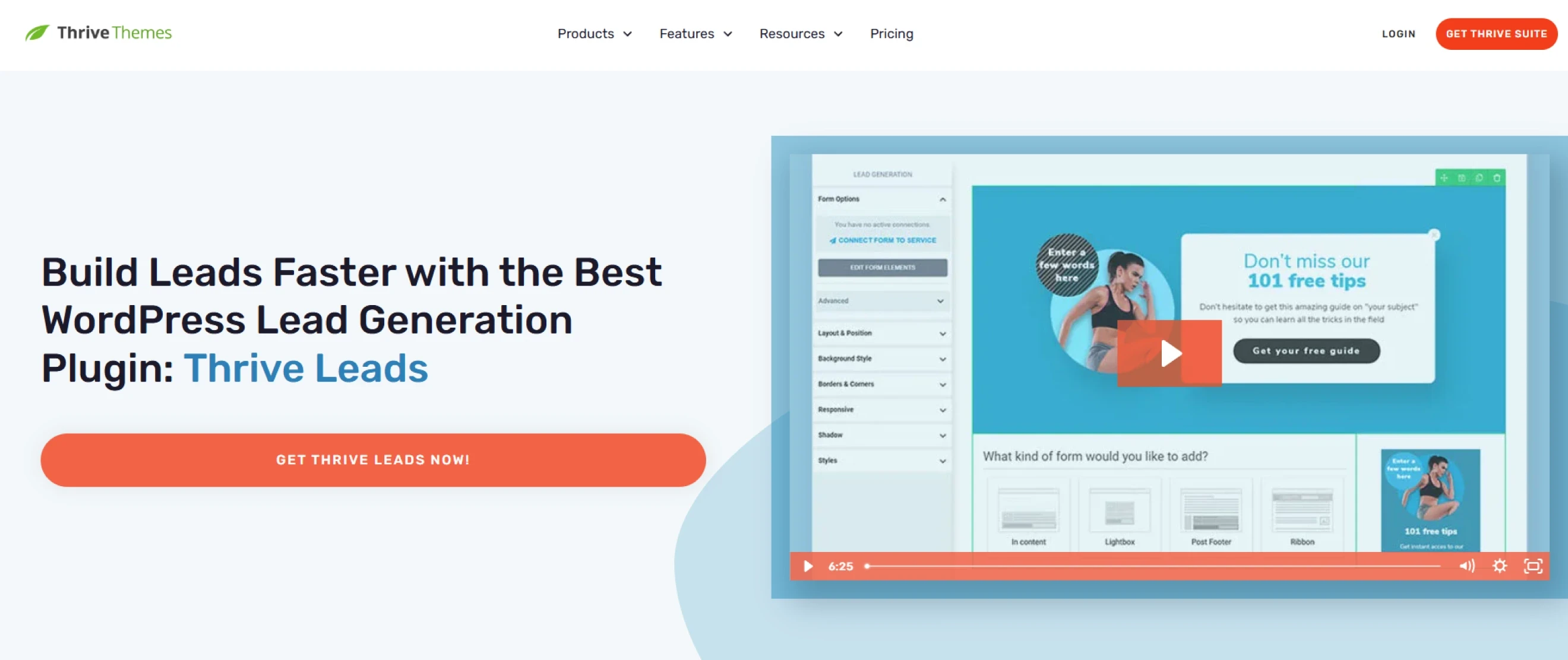 Thrive Leads website hero section featuring the headline “Build leads faster with the best WordPress lead generation plugin: Thrive Leads”