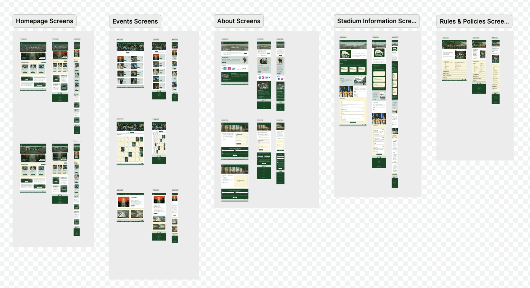 Complete responsive screen mockups organized by section: Homepage, Events, About, Stadium Information, and Rules & Policies in all sizes
