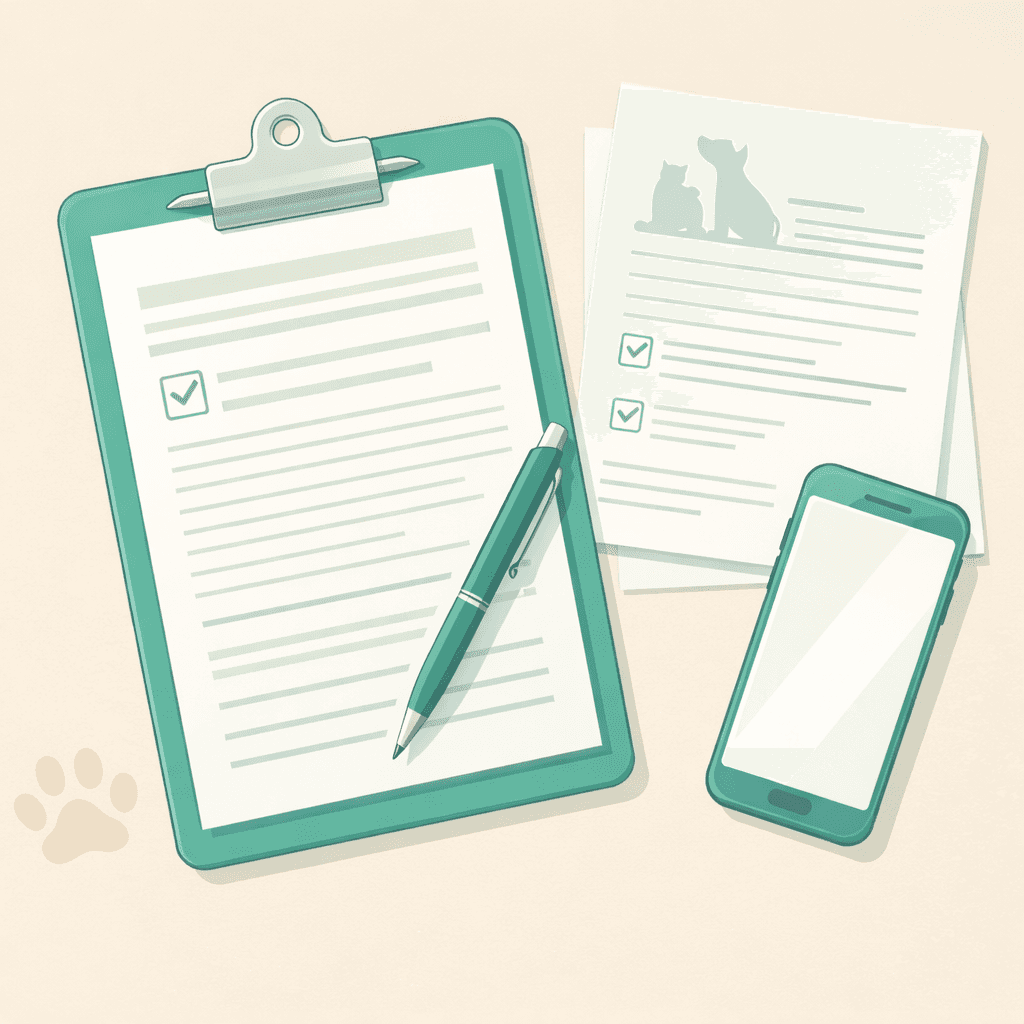 Flat lay of organized pet sitting documents on a desk, clipboard, pen, smartphone, pet paw print subtly visible, clean modern aesthetic, neutral tones, top-down perspective, realistic photography, minimal and professional