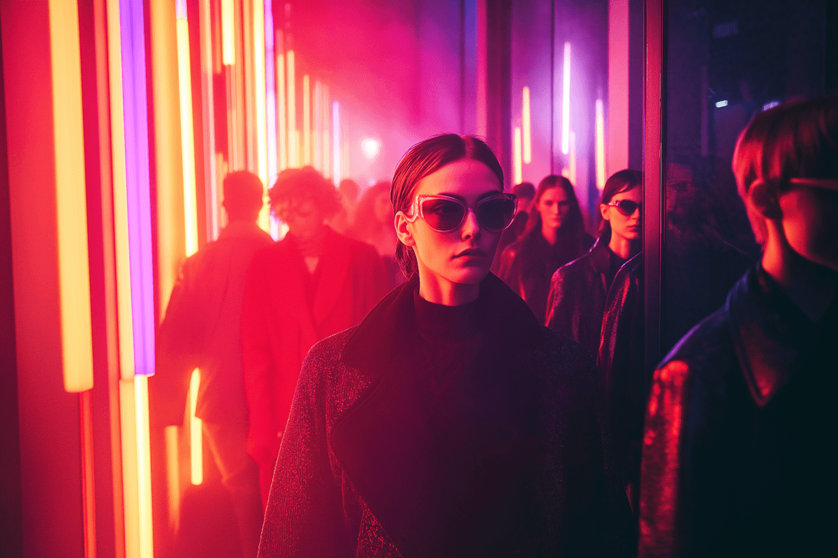 A group of friends poses in front of colorful neon lights, creating a vibrant atmosphere in the city at night.