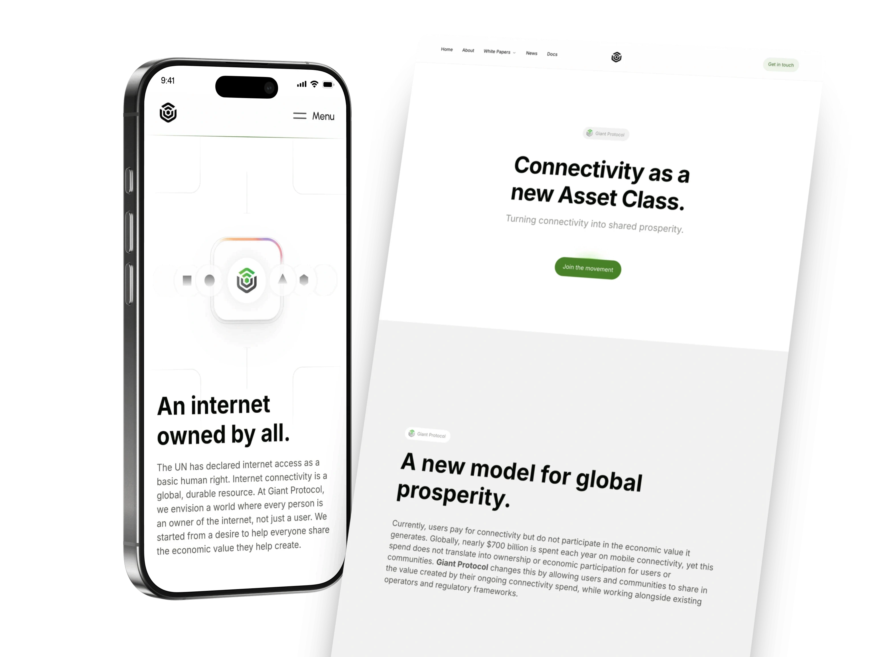 Giant Protocol home page shown in mobile and desktop layouts