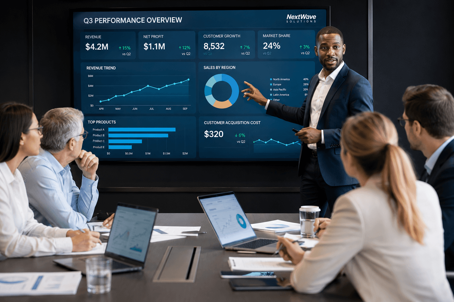 A business meeting with a presenter explaining performance charts to a team around a conference table, fostering collaboration and focus.