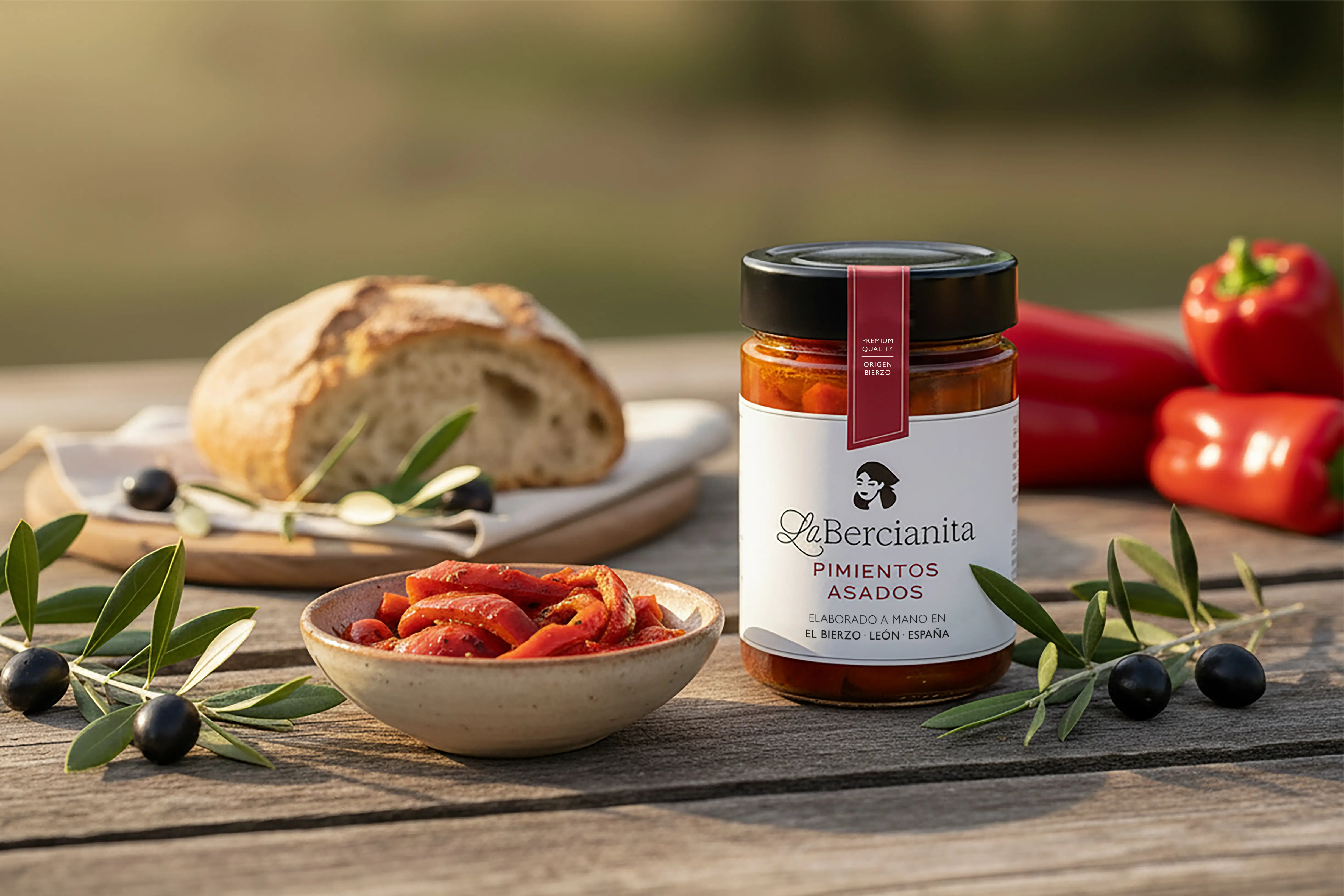 Tarro de pimientos asados del Bierzo La Bercianita sobre mesa de madera con pan de pueblo y pimientos servidos en una fuente, escena gourmet artesanal