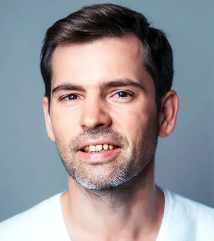 Close-up portrait of a man with short dark hair, stubble, and a slight smile showing crooked teeth.