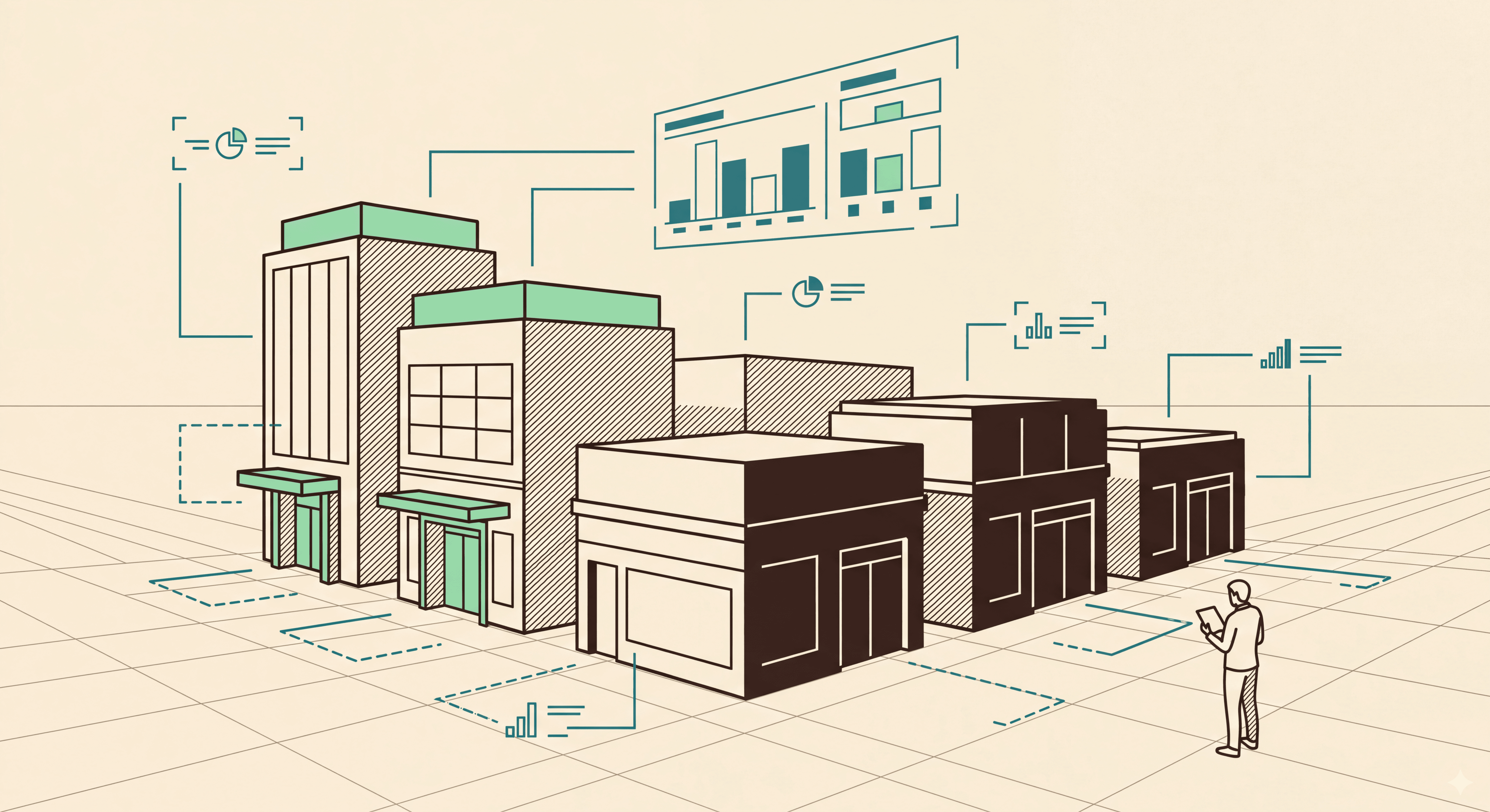 Isometric illustration of a customer experience workflow showing quality assurance checkpoints, conversation scoring, financial reporting, and multi-location performance tracking with handshake and approval icons