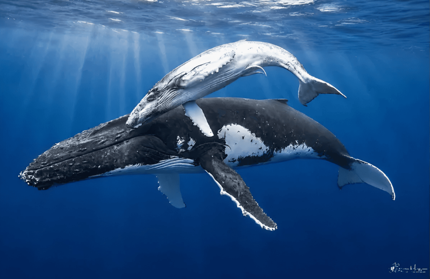 Two humpback whales swimming together beneath the sunlit ocean surface.