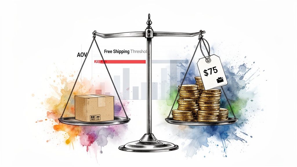 A balance scale weighing a shipping box against $75 in coins, illustrating a free shipping threshold.