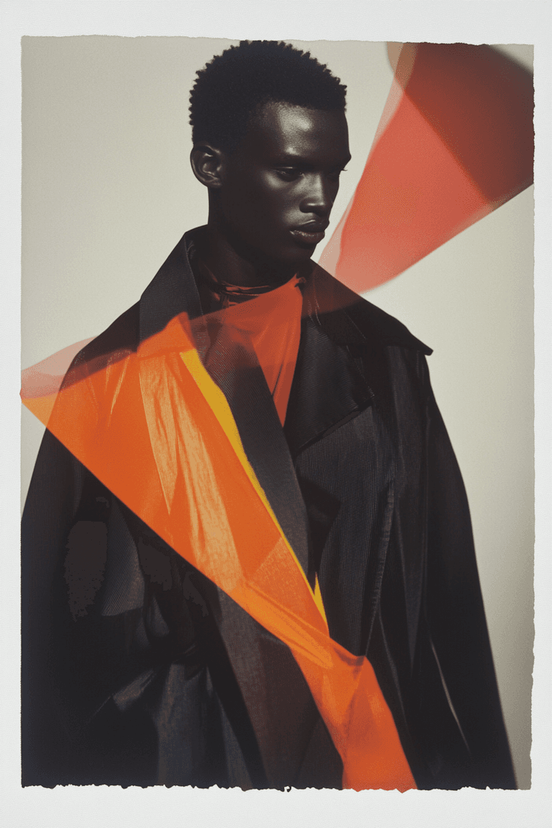 A stylized portrait of a person in a dark coat, set against abstract orange geometric shapes.