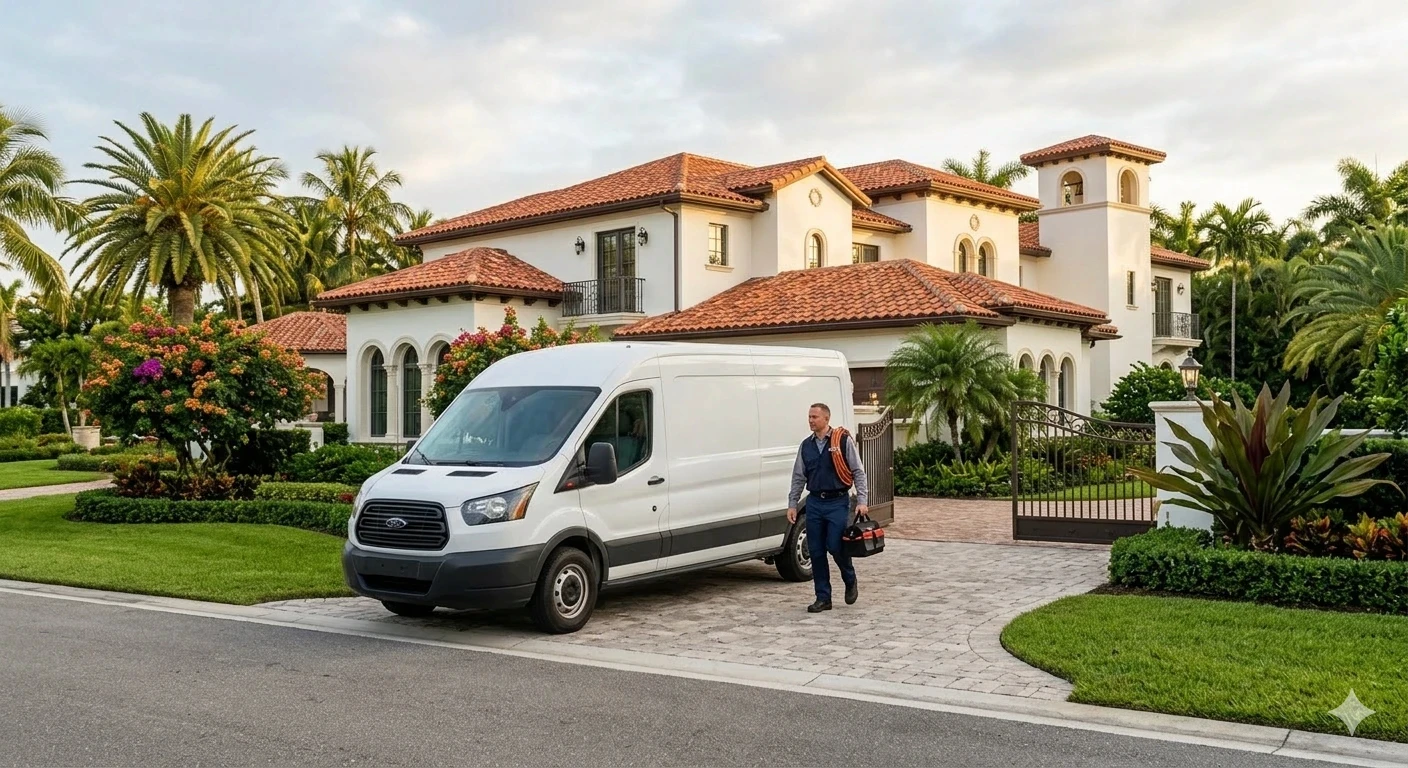Discreet private roofing service arriving at upscale South Florida home by Roofing Network