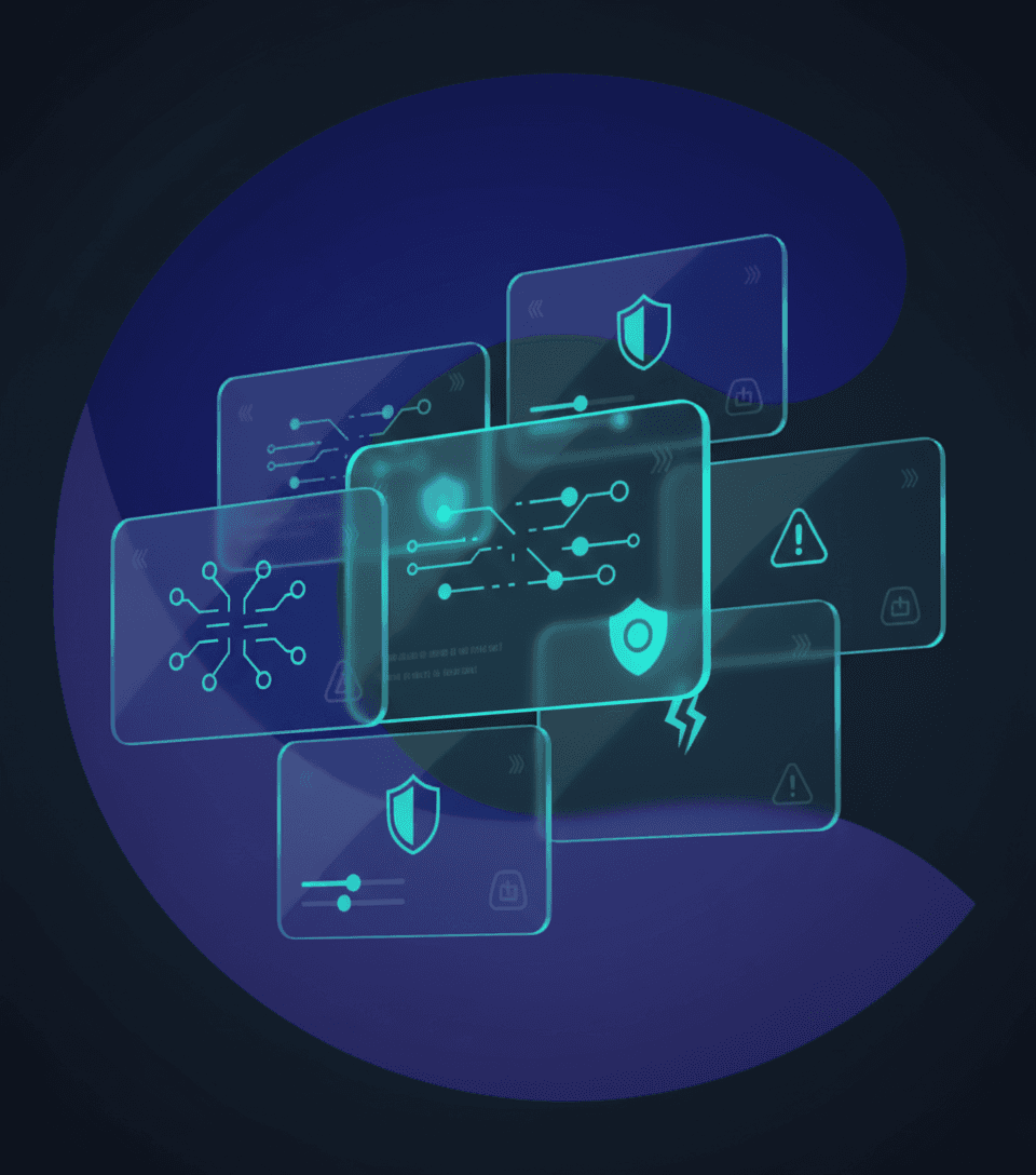 Conceptual visual showing safe vs risky copy trading settings, including sliders and shield icons on glass panels