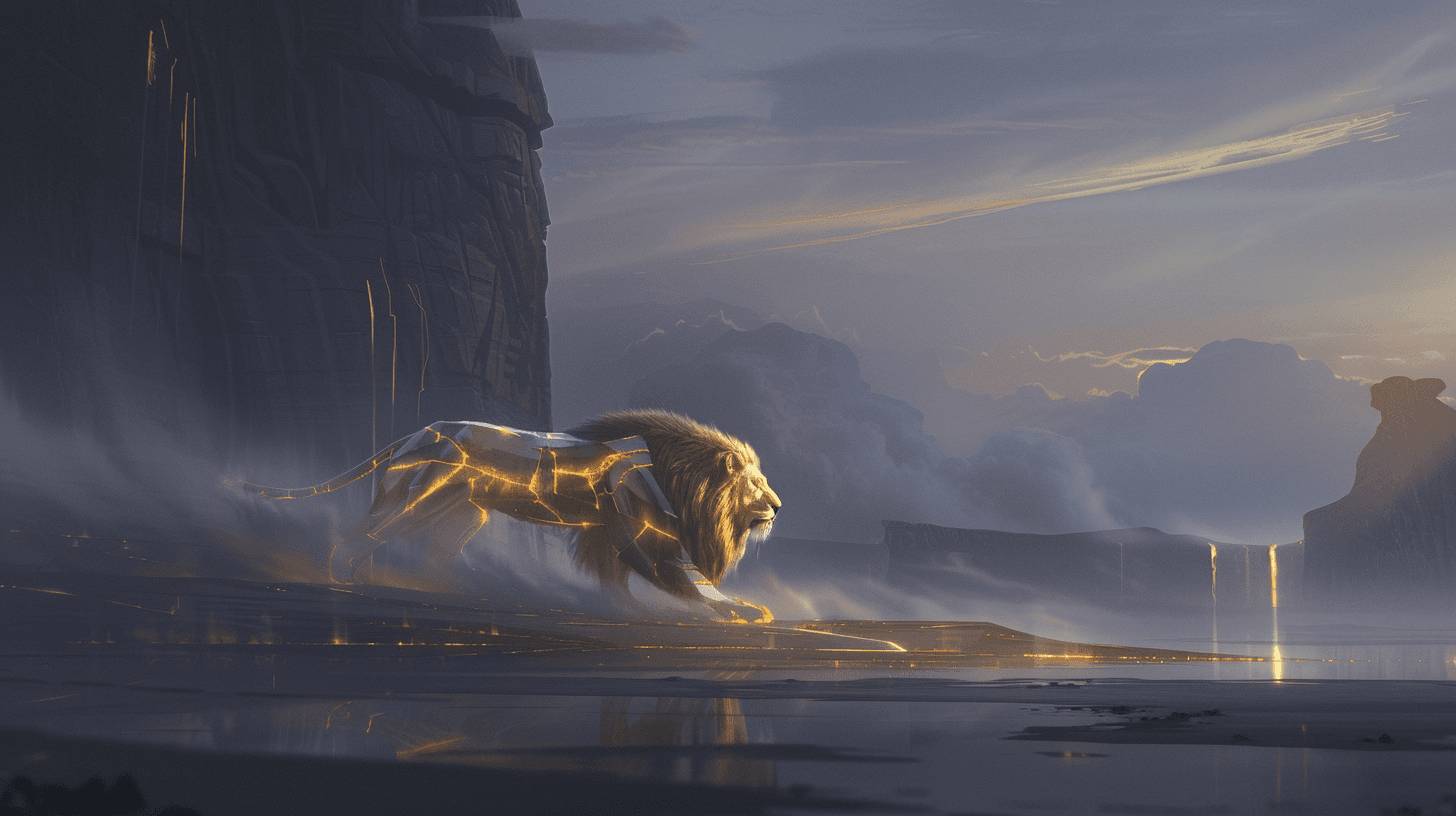 A futuristic vehicle travels through a misty landscape, surrounded by towering cliffs and a serene atmosphere.