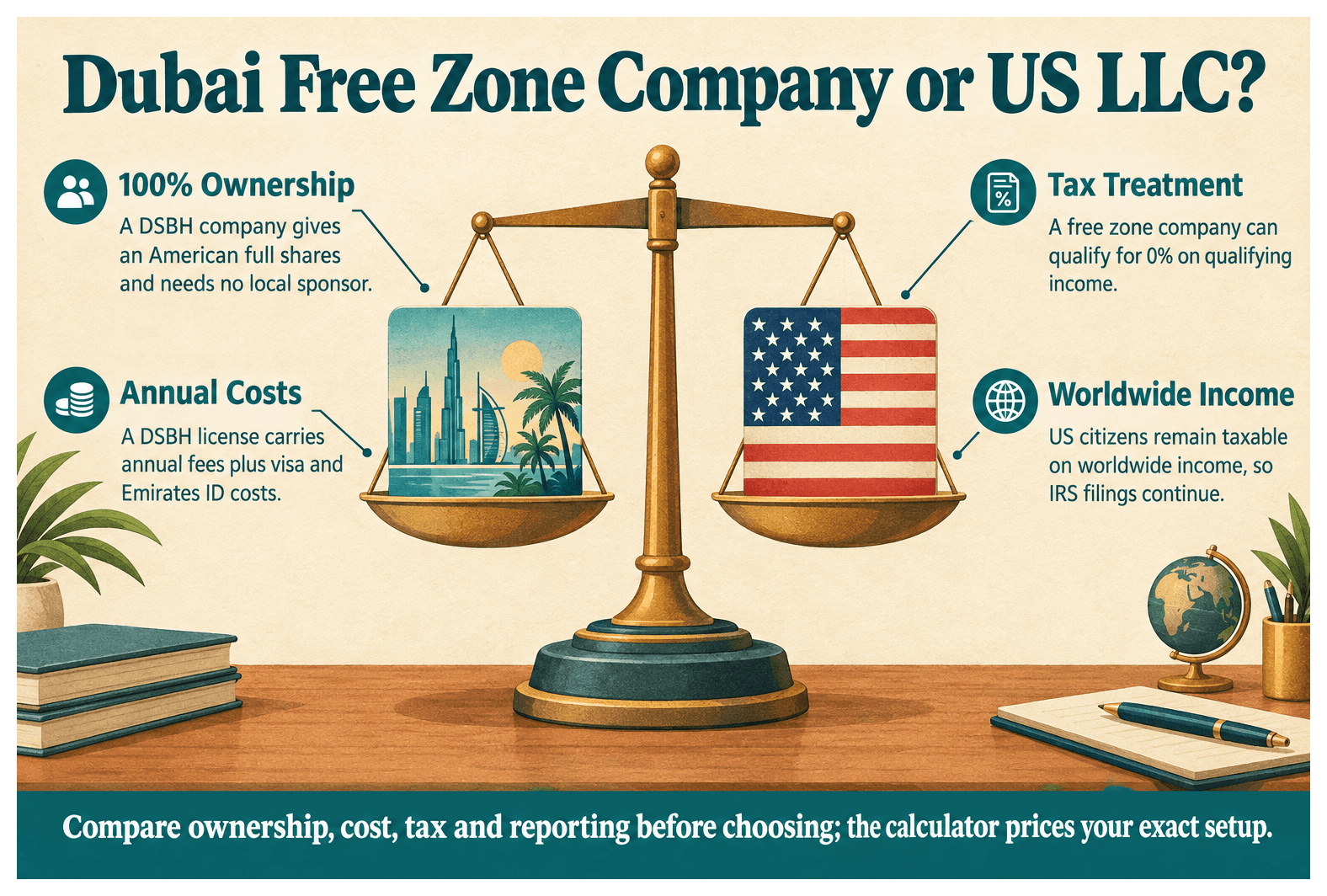 Infographic: Dubai Free Zone Company for a US Founder: Cost Against a US LLC