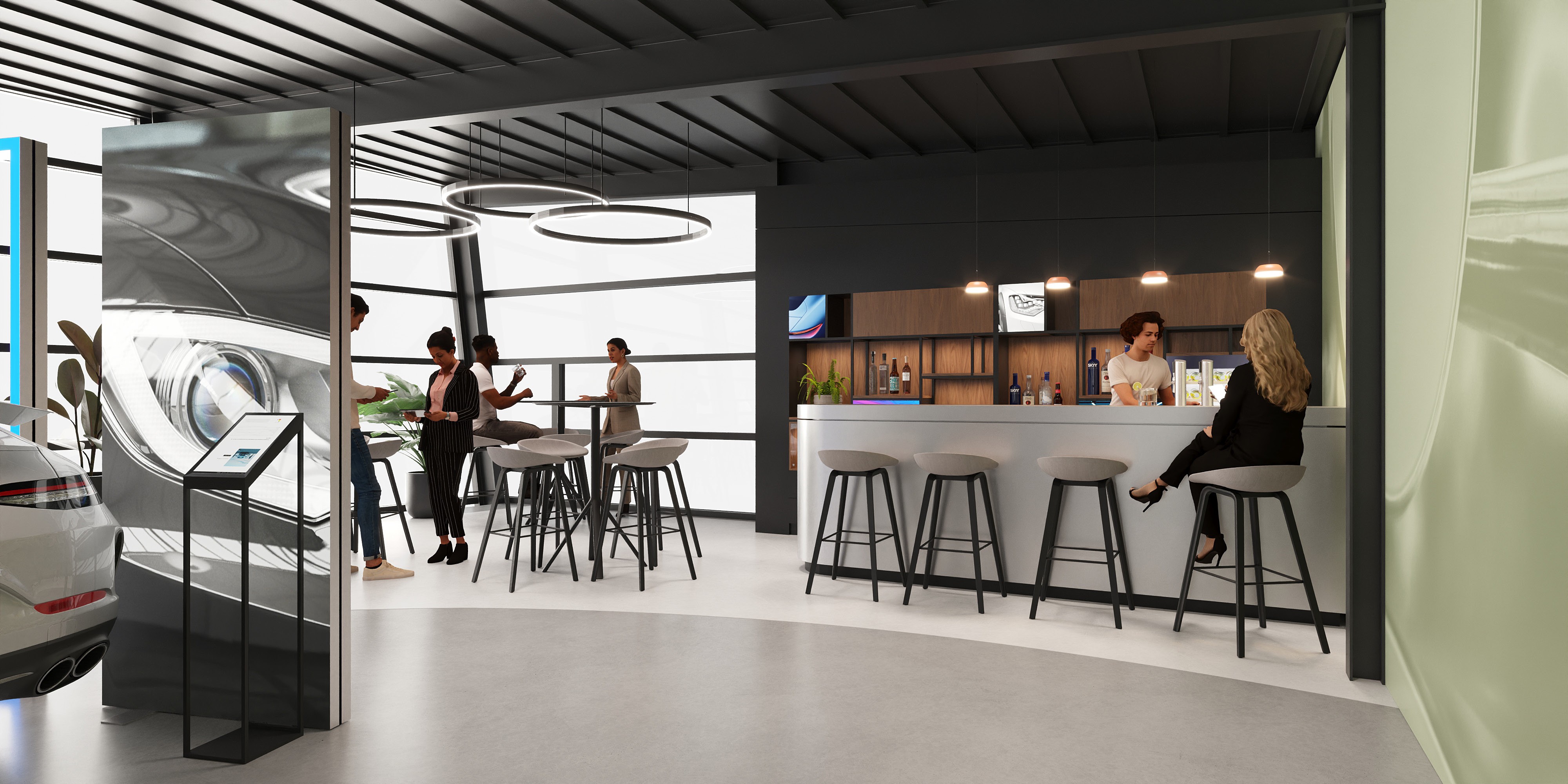 Bar and celebrating area of a garage retail design concept for Arenaz Automobiles et Services SA in Crissier Switzerland