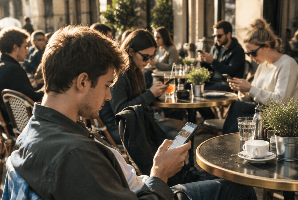 Customer browsing a local business website on her phone while waiting in a coffee shop