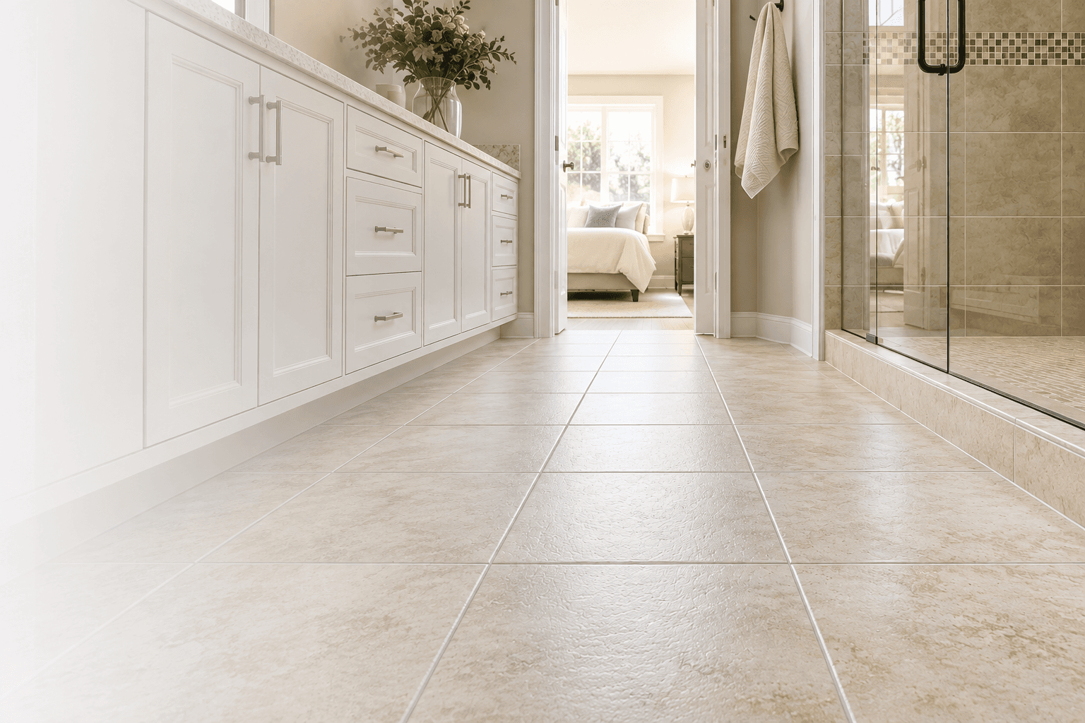 Residential tile floor with professionally color-sealed grout in a modern bathroom.