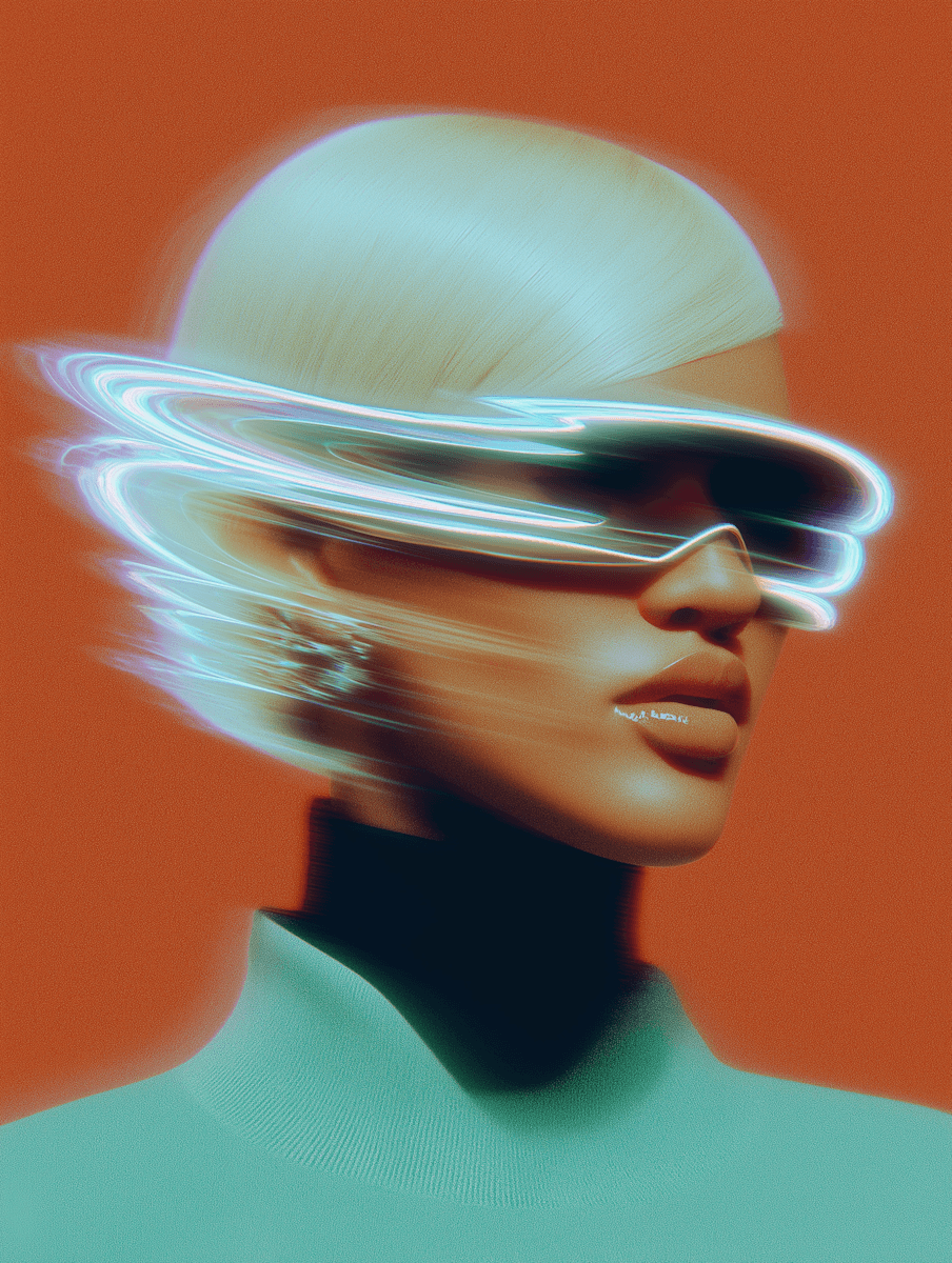 A person with a futuristic helmet and glasses, set against an orange background, exuding a sci-fi aesthetic.
