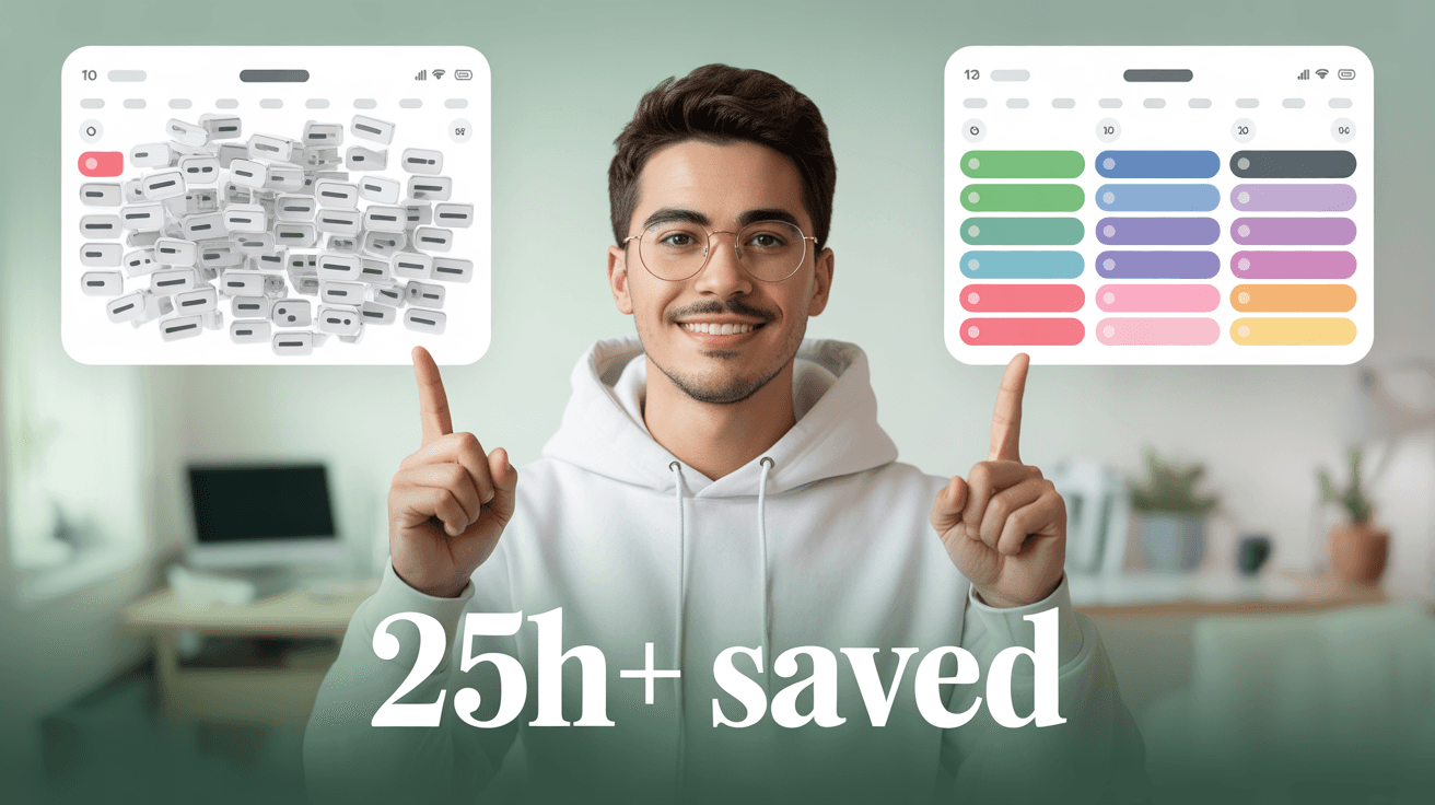 Ali Abdaal-style time-saving habits thumbnail with messy vs organized calendars and 25h+ saved text