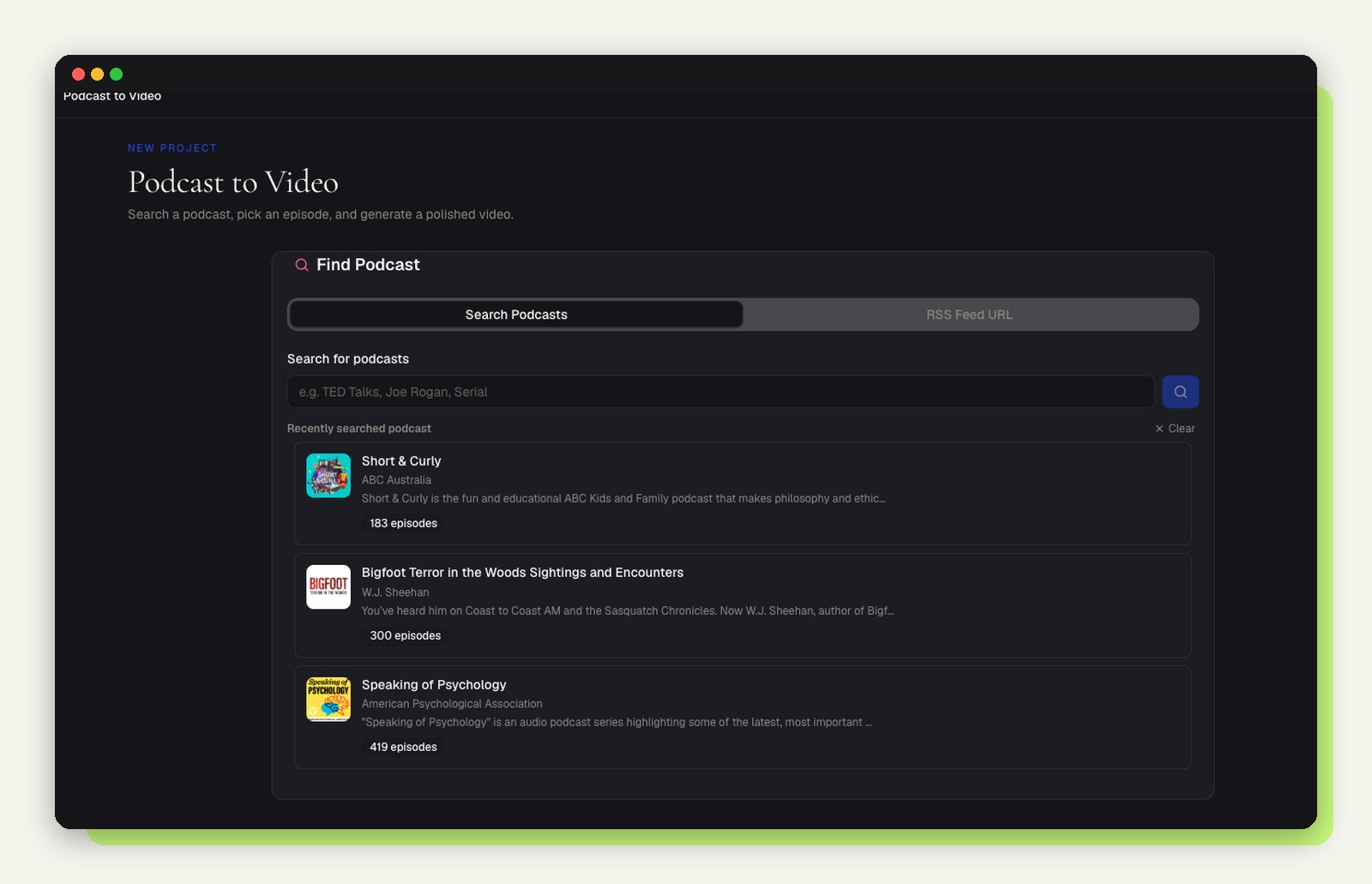 Podeo.ai podcast search screen for choosing a show to convert to video