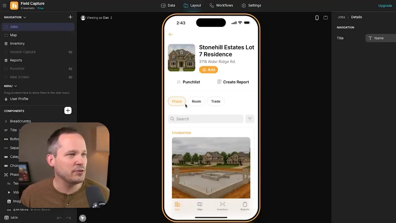 Glide app interface showing job site photo upload screen