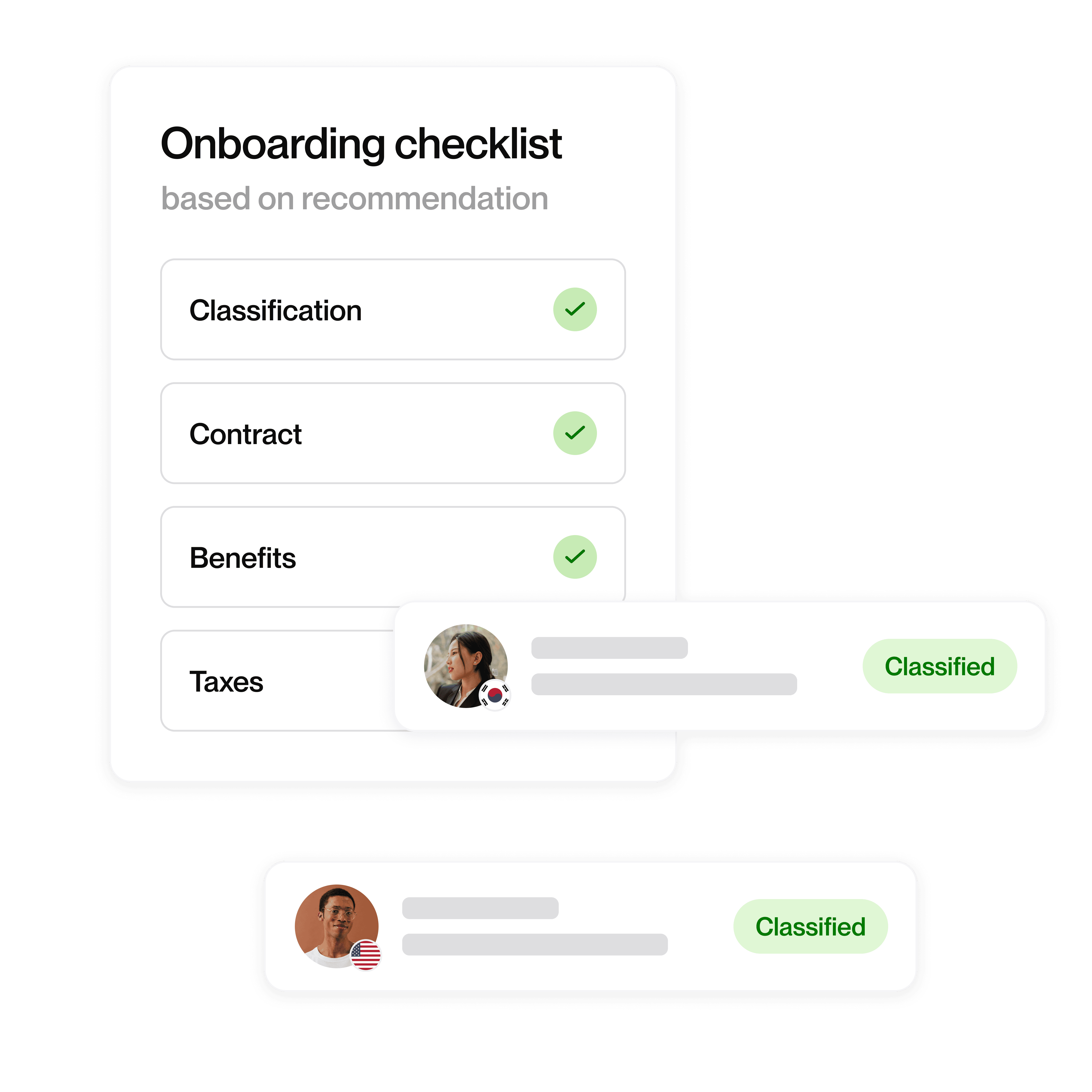 Onboarding checklist showing items like classification, contract, benefits, and taxes, all checked except taxes.  Two employee profile cards show "Classified" status.