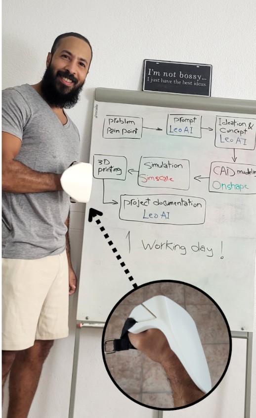Mechanical engineer Ashraf Serour showcasing a 3D-printed ergonomic prototype developed in just one day with Leo AI, illustrating how AI accelerates the workflow from problem definition to CAD modeling, simulation, documentation, and testing.