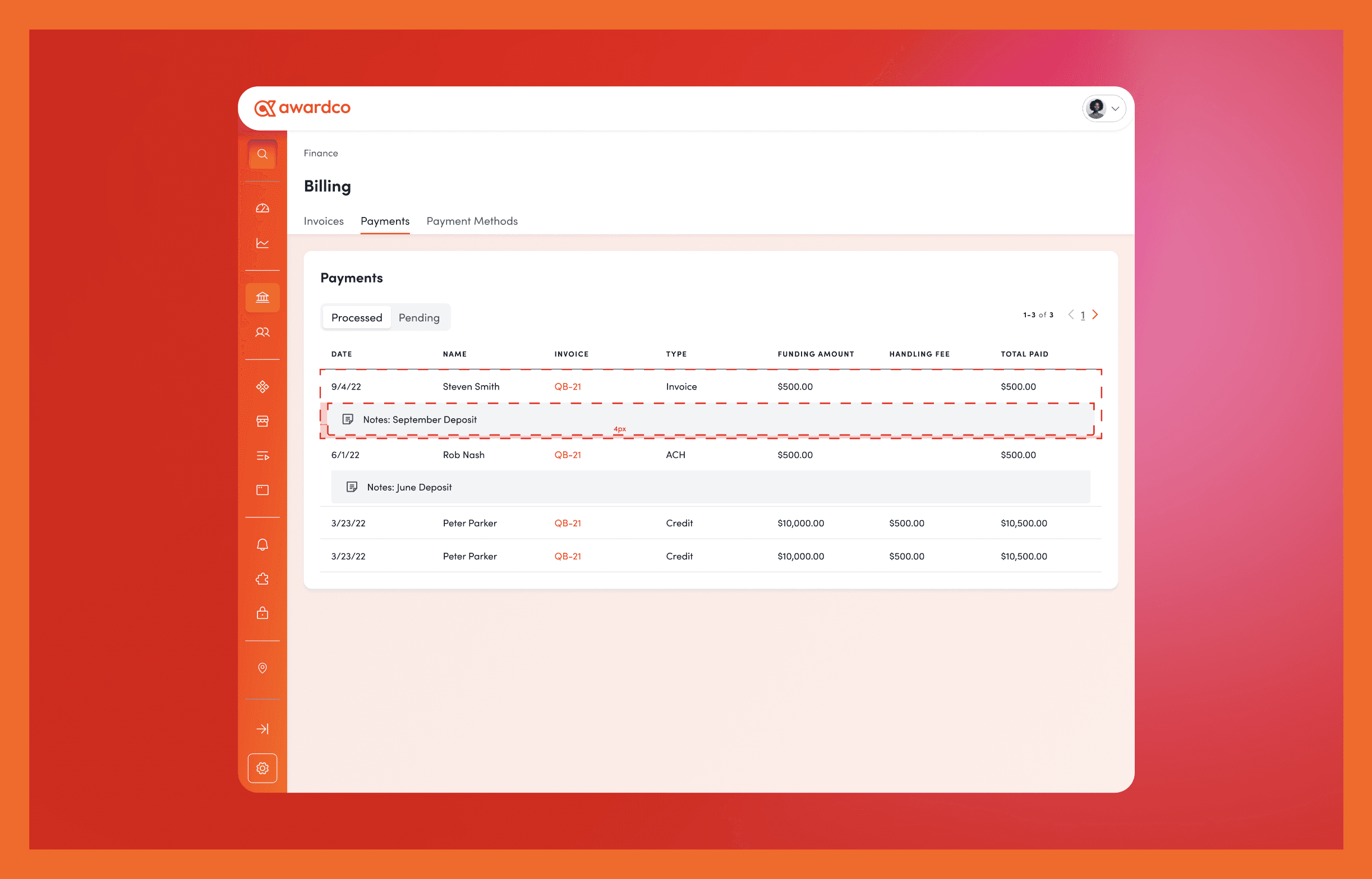 Payments tab, a historical log of all payments made on their account.