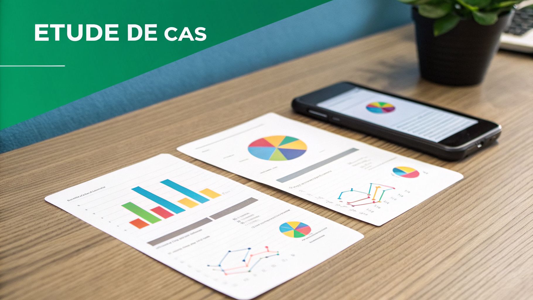 Bureau avec des documents d'analyse de données, des graphiques variés, un smartphone et une plante verte. Bannière 'ETUDE DE CAS'.
