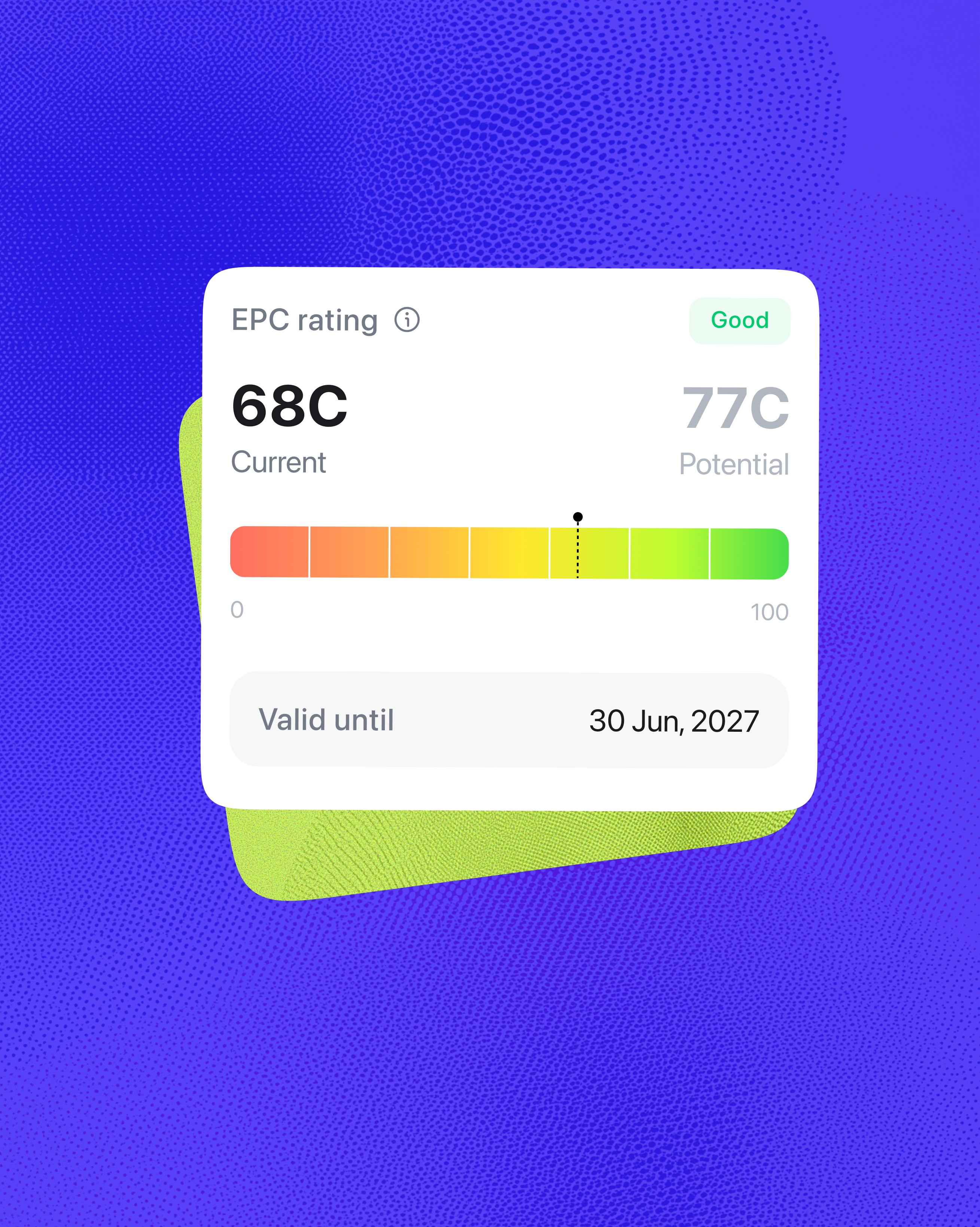 EPC tracking for landlord properties in August app showing current rating 68C, potential rating 77C on a visual colour scale, with certificate valid until 30 Jun 2027