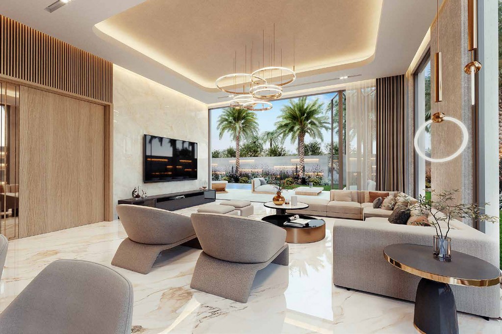 A modern South Bay living room featuring sleek marble floors and a large flat-screen television.