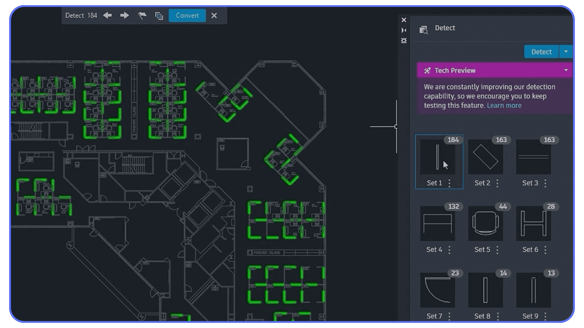AutoCAD drawing with object detection and highlighted elements using AI-assisted tools