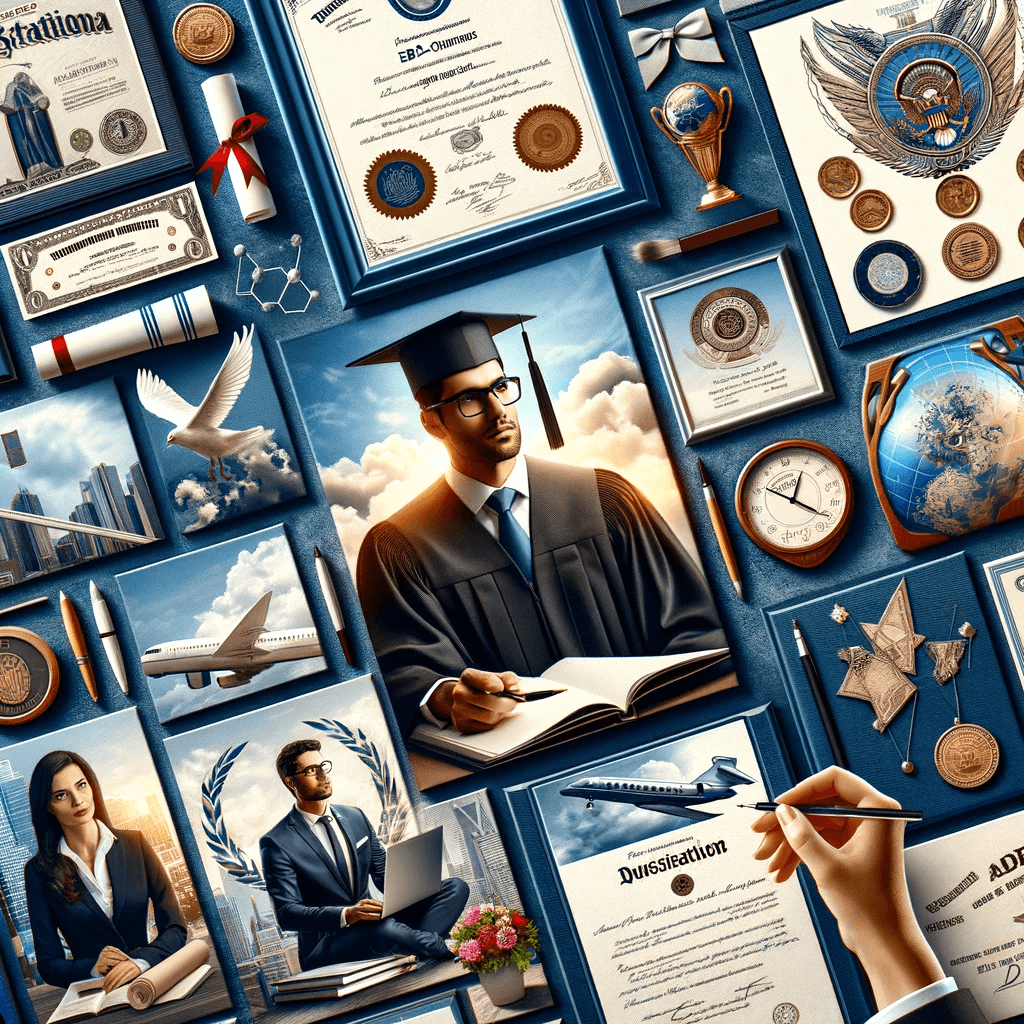 Collage of professional qualifications including diplomas, certificates, and awards, depicting eligibility for the EB-2 Visa.