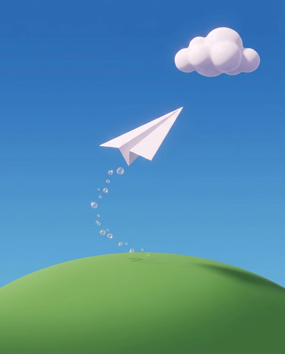White paper plane climbing away from a green hill with a trail of bubbles