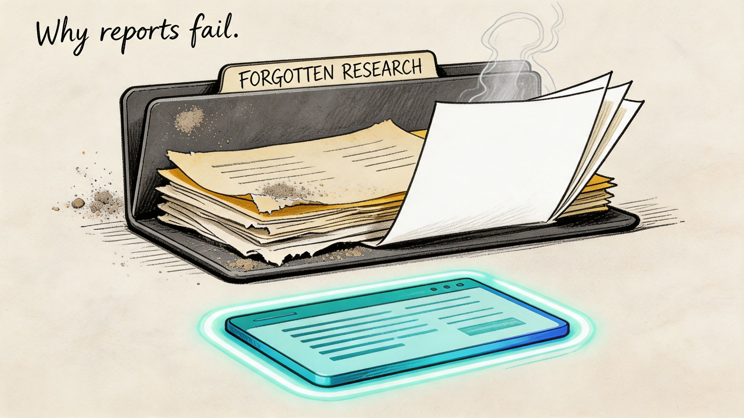 A digital tablet glowing in front of a dusty, neglected folder labeled as forgotten research documents.