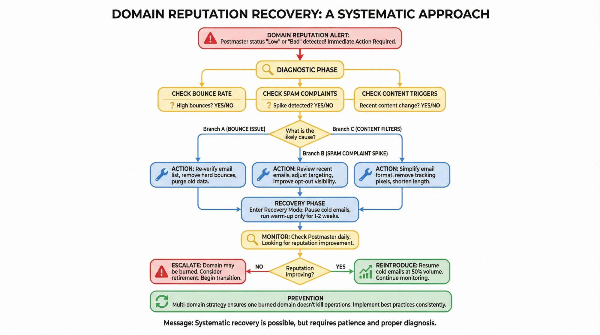 Decision tree flowchart for diagnosing and recovering damaged cold email domains with step-by-step recovery protocol