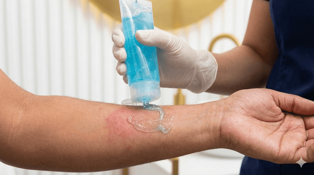 Close-up of a soothing medical lotion or cooling gel being applied to irritated skin.