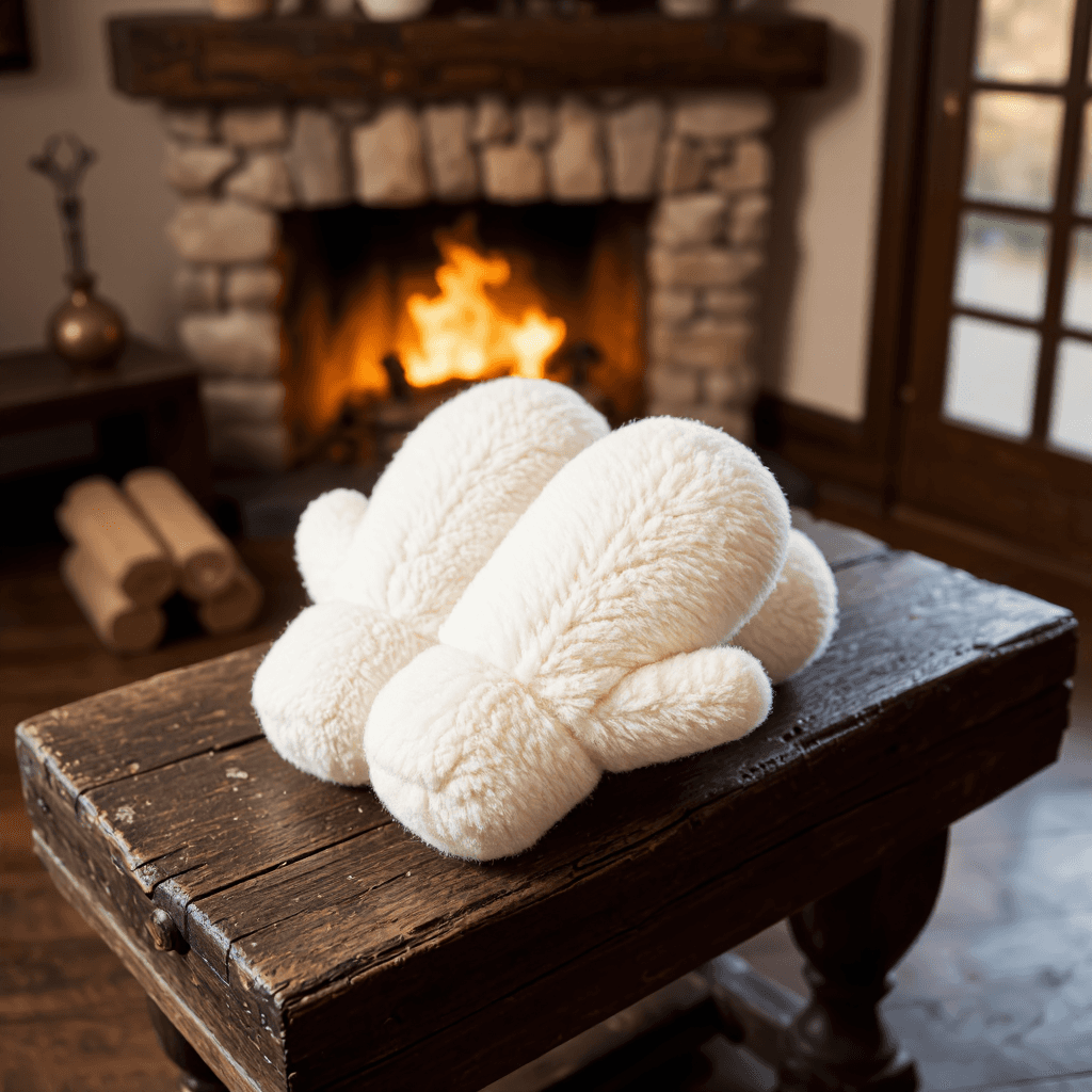 product photography of a pair of fluffy white mittens for warmth