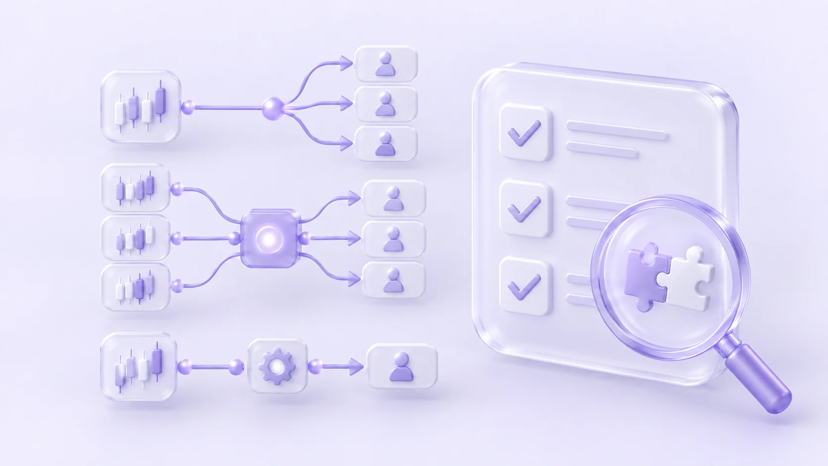 Three trading-account routes beside a compatibility checklist and magnifying glass